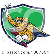 Cartoon Flying Super Leopard Refrigeration And Air Conditioning Mechanic Holding Up A Pressure Temperature Gauge And A Monkey Wrench Emerging From A Blue White And Green Shield