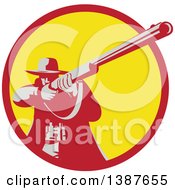 Poster, Art Print Of Retro Male Hunter Aiming A Shotgun In A Red And Yellow Circle