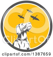 Poster, Art Print Of Retro Pointer Hunting Dog Looking Up At Flying Geese In A Gray White And Yellow Circle