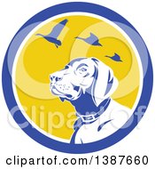 Poster, Art Print Of Retro Pointer Hunting Dog Looking Up At Flying Geese In A Blue White And Yellow Circle