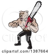 Poster, Art Print Of Cartoon Muscular Lumberjack Or Arborist Dog Man Holding A Chainsaw