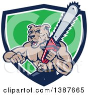 Poster, Art Print Of Cartoon Muscular Lumberjack Or Arborist Dog Man Holding A Chainsaw And Emerging From A Blue White And Green Shield