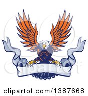 Poster, Art Print Of Retro Swooping Orange And Blue Bald Eagle Grasping A Blank Ribbon Banner