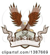 Clipart Of A Retro Bald Eagle Flying With A Shield Of Crossed 1911 Pistols And A Blank Ribbon Banner Royalty Free Vector Illustration by patrimonio