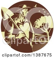 Retro Woodcut Male Farmer Holding A Shovel Against Farmland In A Brown And Yellow Circle