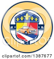Clipart Of A Retro Orange Convertible Coupe Car In A French Coat Of Arms With Fleur De Lis Flowers In A Circle Royalty Free Vector Illustration by patrimonio