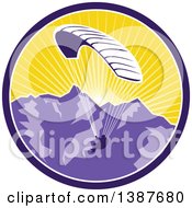 Clipart Of A Retro Silhouetted Paraglider Against The Alps Mountains At Sunset In A Circle Royalty Free Vector Illustration