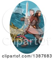 Poster, Art Print Of Watercolor Styled Knight Battling A Dragon And Protecting A Princess In An Oval With A Castle