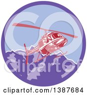 Retro Red Helicopter Flying Over The Alps Mountains In A Purple Circle