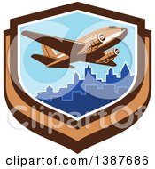 Poster, Art Print Of Retro Vintage Passenger Dc10 Airplane Flying Over A City In A Shield