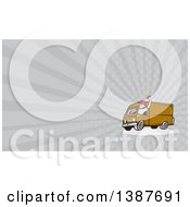 Poster, Art Print Of Retro Cartoon Friendly White Male Delivery Truck Driver Waving And Gray Rays Background Or Business Card Design
