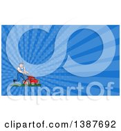 Poster, Art Print Of Retro Cartoon White Man Pushing A Tough Red Lawn Mower Mascot And Blue Rays Background Or Business Card Design
