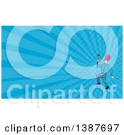 Clipart Of A Retro Cartoon Male Marching Band Leader Holding A Baton And Blue Rays Background Or Business Card Design Royalty Free Illustration by patrimonio