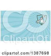 Clipart Of A Retro Cartoon White Male Mechanic Carrying A Giant Spanner Wrench And Blue Rays Background Or Business Card Design Royalty Free Illustration