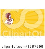 Clipart Of A Retro Brown And White Native American Indian Chief With Folded Arms And Yellow Rays Background Or Business Card Design Royalty Free Illustration