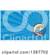 Clipart Of A Retro Cartoon Friendly White Male Delivery Truck Driver Waving And Blue Rays Background Or Business Card Design Royalty Free Illustration