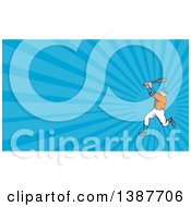 Clipart Of A Cartoon White Male Baseball Player Athlete Batting And Blue Rays Background Or Business Card Design Royalty Free Illustration