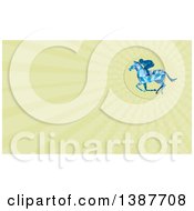 Clipart Of A Blue Geometric Low Poly Horse Racing Jockey And Green Rays Background Or Business Card Design Royalty Free Illustration