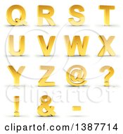 3d Golden Capital Letters Q Through Z And Symbols On A Shaded White Background With Clipping Path