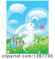 Poster, Art Print Of Happy White Bunny Rabbit Playing With A Butterfly And Carrying A Basket Of Easter Eggs