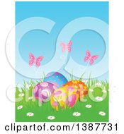 Poster, Art Print Of Group Of Easter Eggs With Pink Butterflies And Flowers In Grass
