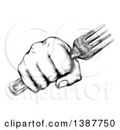 Poster, Art Print Of Black And White Retro Woodcut Fisted Hand Holding A Fork