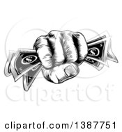 Clipart Of A Black And White Woodcut Or Engraved Revolutionary Fisted Hand Holding Cash Money Royalty Free Vector Illustration