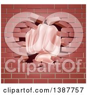 Clipart Of A Caucasian Fist Punching Through A 3d Red Brick Wall Royalty Free Vector Illustration