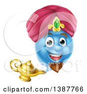 Poster, Art Print Of Blue Smiley Emoji Emoticon Genie Emerging From A Lamp
