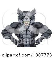 Poster, Art Print Of Muscular Gray Wolf Man Mascot Flexing From The Waist Up