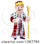 Clipart Of A Happy Brunette White King Holding A Scepter And Pointing To The Right Royalty Free Vector Illustration