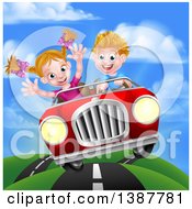 Poster, Art Print Of Blond White Boy Driving A Girl In A Red Convertible Car Catching Air On A Rural Road