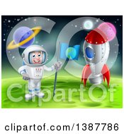 Poster, Art Print Of Happy Caucasian Male Astronaut Standing By A Rocket And Planting An Earth Flag On A Foreign Planet
