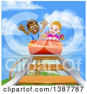 Happy White Girl And Black Boy At The Top Of A Roller Coaster Ride Against A Blue Sky With Clouds