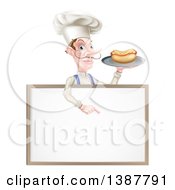 Poster, Art Print Of White Male Chef With A Curling Mustache Holding A Hot Dog On A Platter And Pointing Down Over A White Menu Board Sign