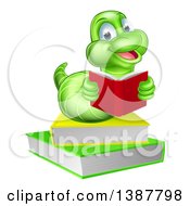 Happy Green Earthworm Reading A Book On A Stack