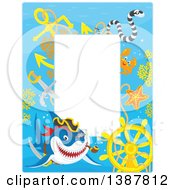Vertical Background Border Frame Of A Pirate Shark With A Sunken Ship Helm And Text Space