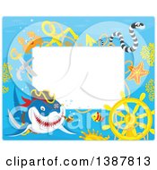 Clipart Of A Horizontal Background Border Frame Of A Pirate Shark With A Sunken Ship Helm And Text Space Royalty Free Vector Illustration by Alex Bannykh