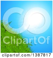 Clipart Of A 3d Green Grassy Hill With Blue Sky And Sunshine Royalty Free Vector Illustration