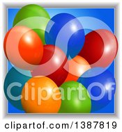 Poster, Art Print Of 3d Colorful Party Balloons Over Blue Emerging From A Frame