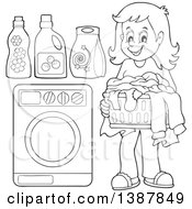 Poster, Art Print Of Black And White Lineart Happy Woman Doing Laundry