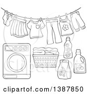 Poster, Art Print Of Black And White Lineart Clothes Line With Laundry Air Drying Washing Machine Basket And Detergent