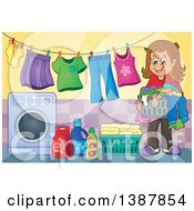 Poster, Art Print Of Happy Brunette White Woman By A Clothes Line With Laundry Air Drying