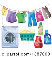 Poster, Art Print Of Clothes Line With Laundry Air Drying Washing Machine Basket And Detergent