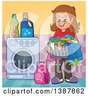 Poster, Art Print Of Happy Brunette White Woman Holding A Basket Of Dirty Laundry