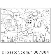 Poster, Art Print Of Cartoon Black And White Lineart Happy Goat And Kid In A Barnyard