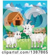 Poster, Art Print Of Cartoon Happy White Goat And Kid Near A Cabin In A Barnyard