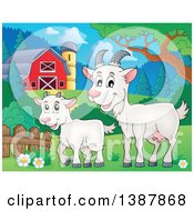 Poster, Art Print Of Cartoon Happy White Goat And Kid In A Barnyard