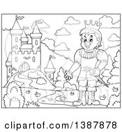 Poster, Art Print Of Cartoon Black And White Lineart Prince Near A Castle