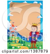 Poster, Art Print Of Cartoon Happy White Prince Over A Parchment Scroll Near A Castle